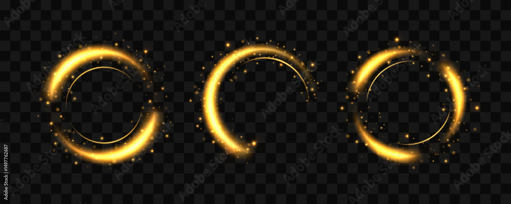 Wall mural set of golden light circles with sparkling effects and twirling curves. luminous flashes form glowin