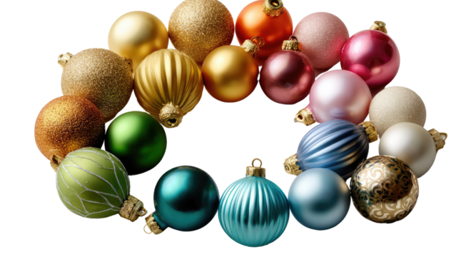Festive Ornaments Display: A collection of colorful ornaments arranged in a circular fashion, conveying the joy and vibrancy of the holiday season, showcasing a range of textures and hues.