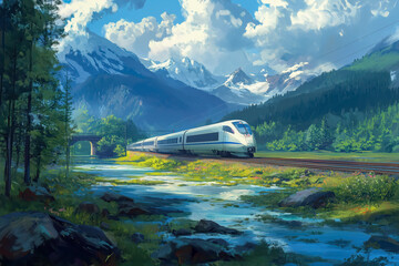 Scenic train journey through the countryside, with a sleek train traveling along tracks surrounded by nature