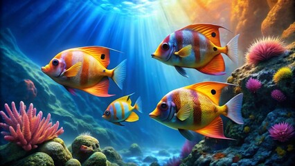 Naklejka premium Vibrant Reef Inhabitants A Colorful Underwater Scene Featuring Striking Fish and Lush Coral Formations