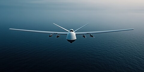 military drone simulation, realistic drone strike simulation over open sea, drone hovering above waves with visible weapons, under an overcast sky with a cold color palette