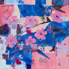 Pink blossoms adorning tree branches highlighting artistic collage, blending vibrant mixed media with delicate floral elements in expressive contemporary painting