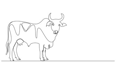 continuous line cow with head down,Domestic cattle. Animal. Linear minimal style. 
