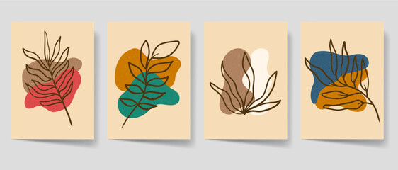 Aesthetic boho abstract art set for print, Floral bohemian wall decor, home decor. Leaves line art collection