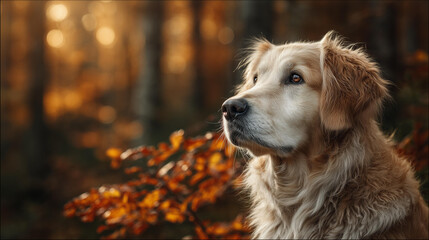 A golden retriever sits amidst autumnal scenery, its fur matching the warm palette of yellow and orange around it..