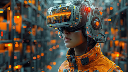 Future virtual reality technology for innovative VR warehouse management. Concept of smart technology for industrial revolution and automated logistic control