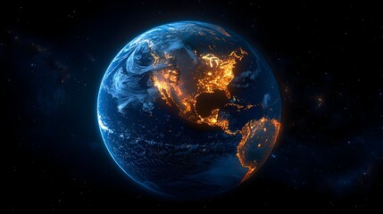 Naklejka premium A digitally rendered Earth at night, showcasing city lights across North America, contrasted against the dark expanse of space and swirling clouds