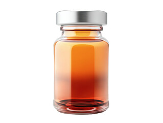 Close-up of vintage brown glass pharmacy bottle isolated on white background. Amber glass bottle with cutout background studio environment product photography creative perspective.