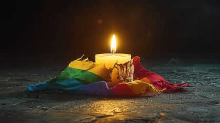 A burning candle surrounded by the colours of the rainbow flag, evoking feelings of remembrance.