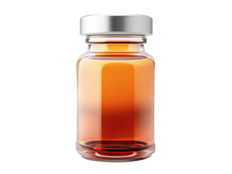 Close-up of vintage brown glass pharmacy bottle isolated on white background. Amber glass bottle with cutout background studio environment product photography creative perspective.
