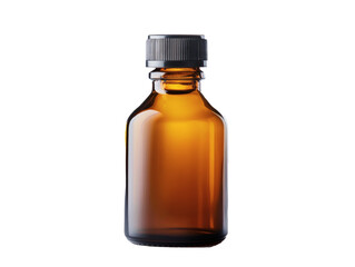 Close-up of vintage brown glass pharmacy bottle isolated on white background. Amber glass bottle with cutout background studio environment product photography creative perspective.