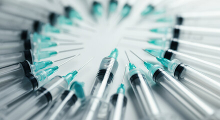 A collection of medical syringes arranged in a circular pattern