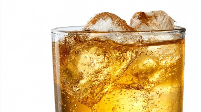Refreshing glass of ginger ale with ice on white background