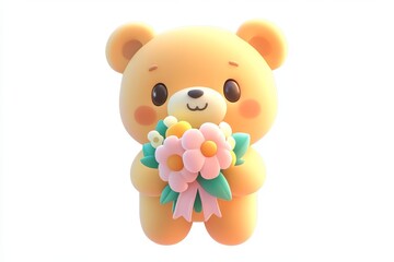 Fototapeta premium 3D Cartoon Teddy Bear Bouquet with Caramel Fur and Pink Ribbon on White Background Ultra High Definition Isometric View