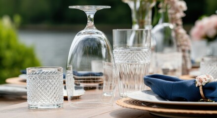 Elegant table setting with crystal glassware and blue napkins by the water