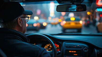 A man drives a car in a city at night with many yellow taxis in traffic.