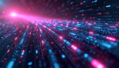 Abstract tech background with data flow. Digital cyberspace with matrix effects, binary code streams. Network connection, big data transfer, ai, modern tech concept. Futuristic design with blue, pink