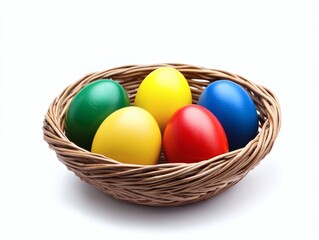 Easter basket filled with colorful eggs isolated on white background., flat lay. Modern easter eggs painted with natural dye in blue, grey, yellow marble color. Happy Easter celebration concept.