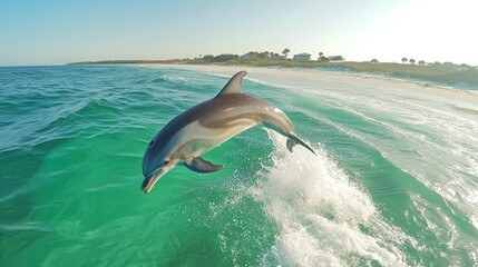 A dolphin leaps from turquoise ocean water by a white sand beach.