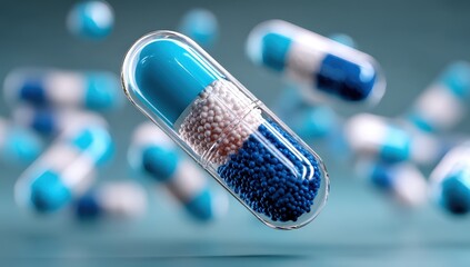 Close-up of blue and white capsules on a soft-focus background.