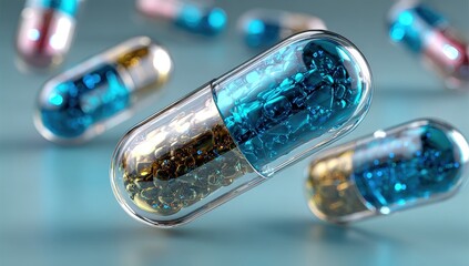 Colorful capsules floating against a blurred background.