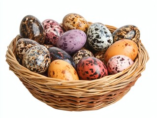 Easter basket filled with colorful eggs isolated on white background., flat lay. Modern easter eggs painted with natural dye in blue, grey, yellow marble color. Happy Easter celebration concept.