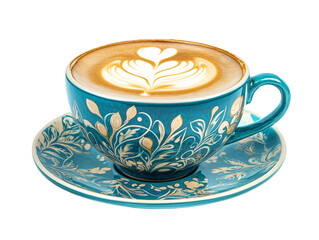 Cup of cappuccino with beautiful latte art in a turquoise cup and saucer, isolated on white background. Side view of hot latte coffee with latte art in a green cup and saucer with clipping path inside