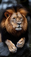 Fototapeta premium Majestic male lion, amber-gold mane, dark black tips, resting on dark rock, intense gaze, blurred background