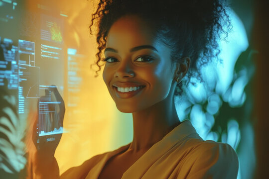 Woman interacting with digital interface.