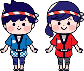 お祭りで法被を着た男の子と女の子