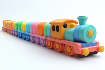 3D Cartoon Toy Train Icon with Rainbow Gradient and Pastel Yellow Color on White Background Ultra High Definition Isometric View
