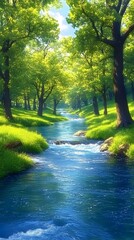 Fototapeta premium Sunlit stream meanders through lush green forest, vibrant foliage bordering tranquil waters