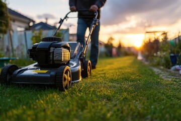 Obraz premium Man mowing lawn at sunset in a garden.