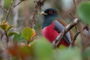 Obraz premium Colorful Bird Perched Among Green Leaves in a Natural Habitat, Showcasing Vibrant Plumage and Intricate Feathers, Perfect for Wildlife Photography Enthusiasts and Nature Lovers