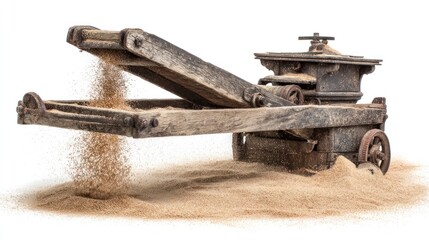 Fototapeta premium Vintage Wooden Grain Mill with Flour Sifting Mechanism and Pile of Grain on White Background