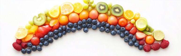 Vibrant rainbow arrangement of fresh fruits and vegetables in overhead view, colorful composition with soft natural light on clean white background
