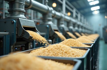 Modern rice mill machinery processing harvested rice grains, tech integration in production. Automated food production facility, grains falling into containers. Food industry, global food production,