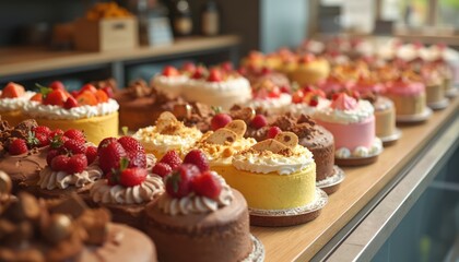Delicious cakes with diverse toppings showcased bakery display. Raspberry, strawberry, chocolate, cream frosting adorn desserts. Sweet treats for celebration, birthday. Variety of baked pastry