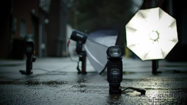 Photography Equipment Lighting Setup on Wet Surface Still Life Professional