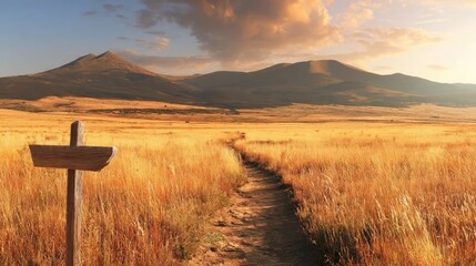 Golden prairie trail leading toward mountain peaks under dramatic sunset sky with wooden signpost in peaceful natural landscape