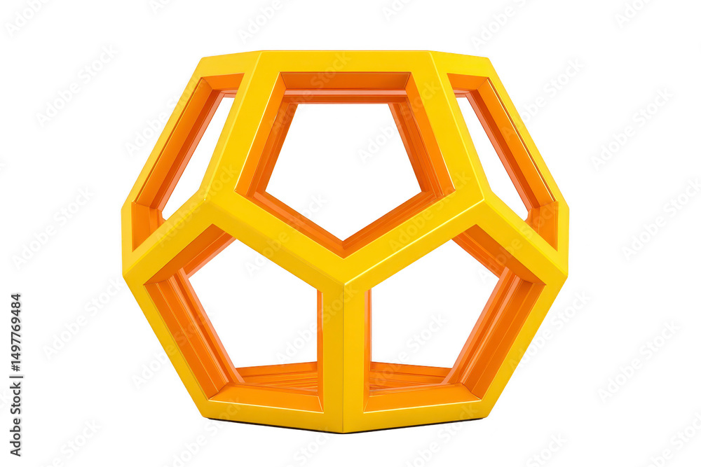 Poster a geometric dodecahedron with vibrant yellow and orange color scheme, showcasing modern and abstract