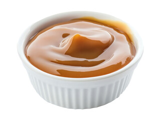 Creamy caramel sauce in white bowl isolated on white background.