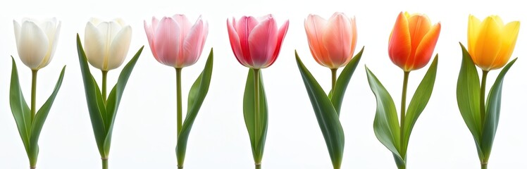 Collection of vibrant tulip flowers on transparent background cutout PNG file. Colorful tulip stems with leaves. Blooms in white, cream, pink, orange, yellow colors. Floral template design for