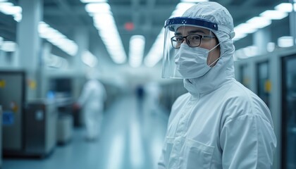 Asian worker in protective suit works at semiconductor manufacturing plant. Technician, engineer in sterile clothing, mask. Modern electronics lab, research industry. Science, tech, hi-tech,