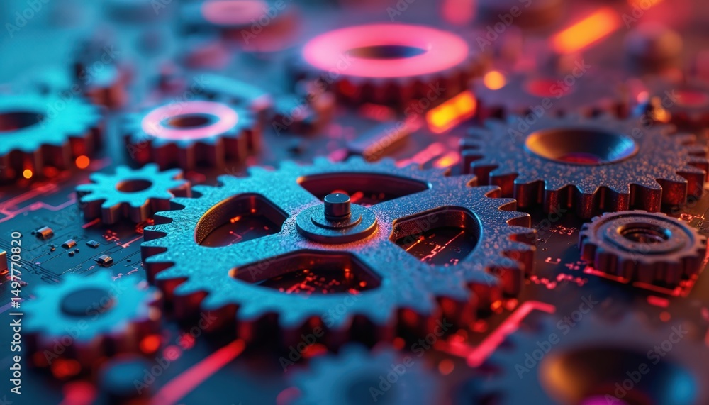 Poster abstract image of interconnected gears representing mechanisms, processes. blue red colors. technolo