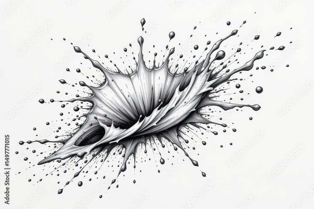 Poster line art with detailed cross hatching emphasizing the motion and shape of the splash, on a white bac