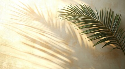 a palm frond casts beautiful shadows on a textured cream wall, illuminated by the sun.