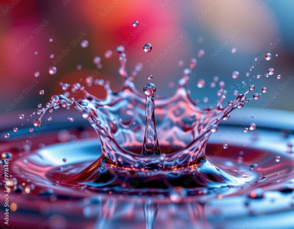 Poster soft focus macro shot of a liquid splash with droplets frozen mid air, emphasizing texture and motio