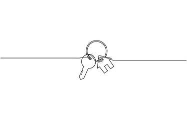 continuous line art drawing of a house with a key, Set of keys against white background, house keys, Real Estate Line Icon Vector continuous one line drawing