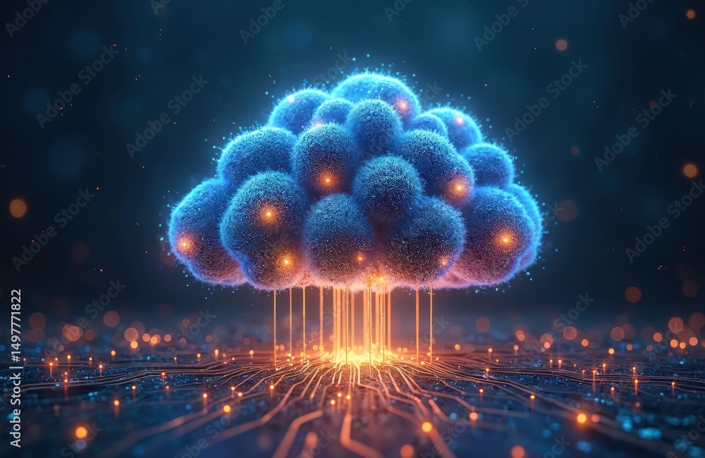 Poster conceptual ai illustration cloud computing network as brain connection data. digital cloud with glow